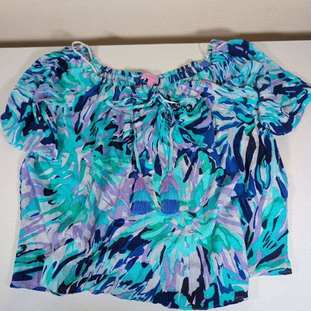 Lilly Pulitzer Sain off-the-shoulder blouse blue and lilac tropical tassels